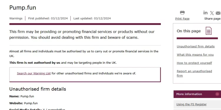 FCA cảnh báo về nền tảng memecoin Pump.fun tại Anh